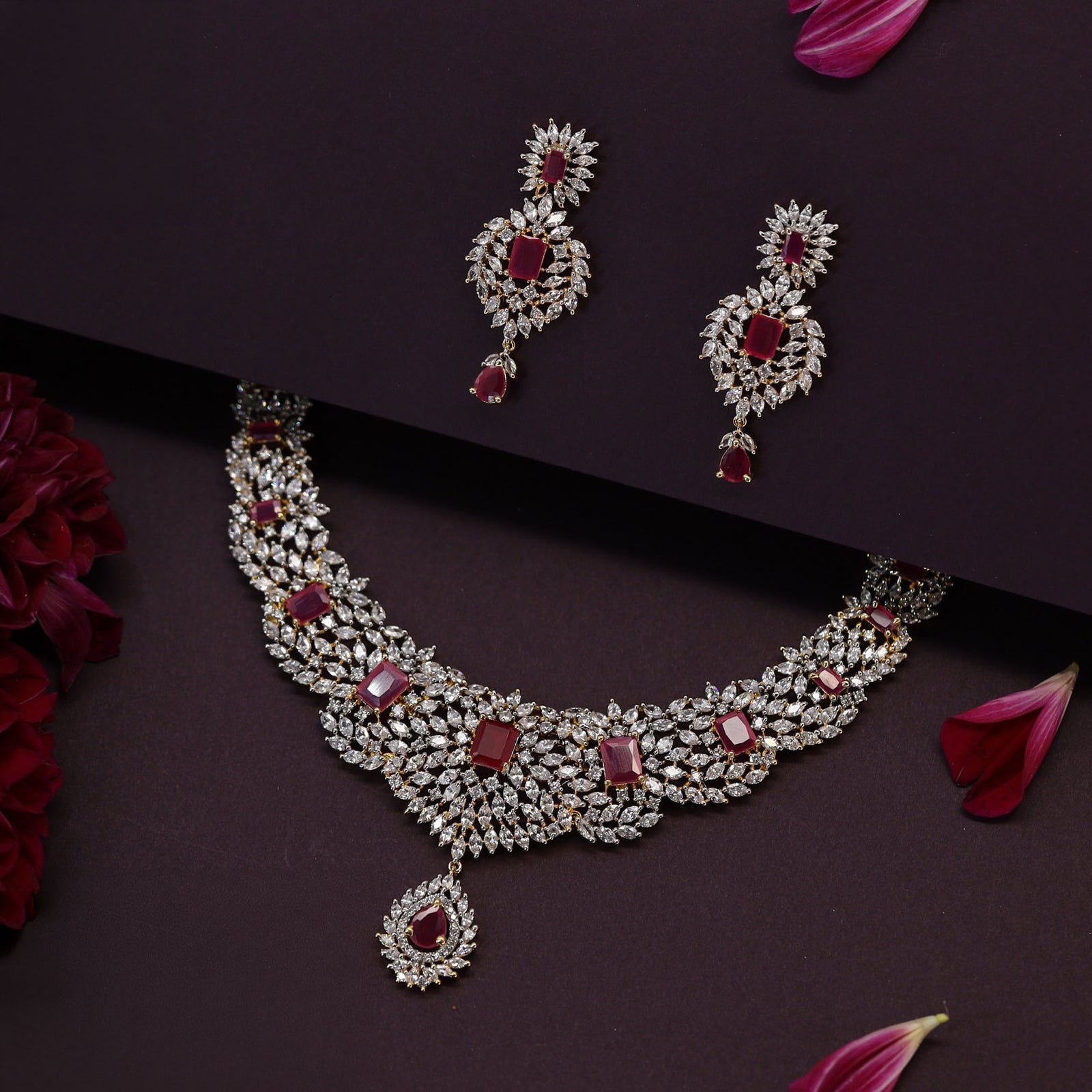 Gleaming Curved Necklace with Dense Stonework and Rectangular Center Accents