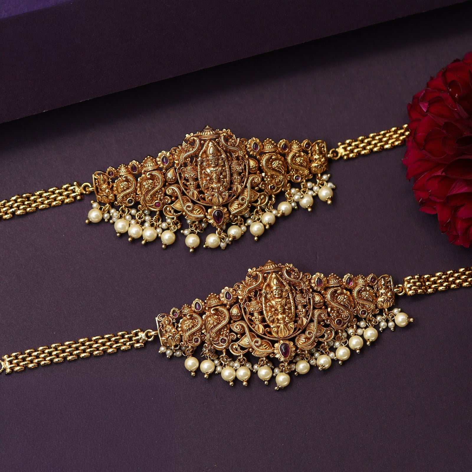 Lakshmi Venkateshwara Bajuband with Temple Panel and Pearl Drop Fringe