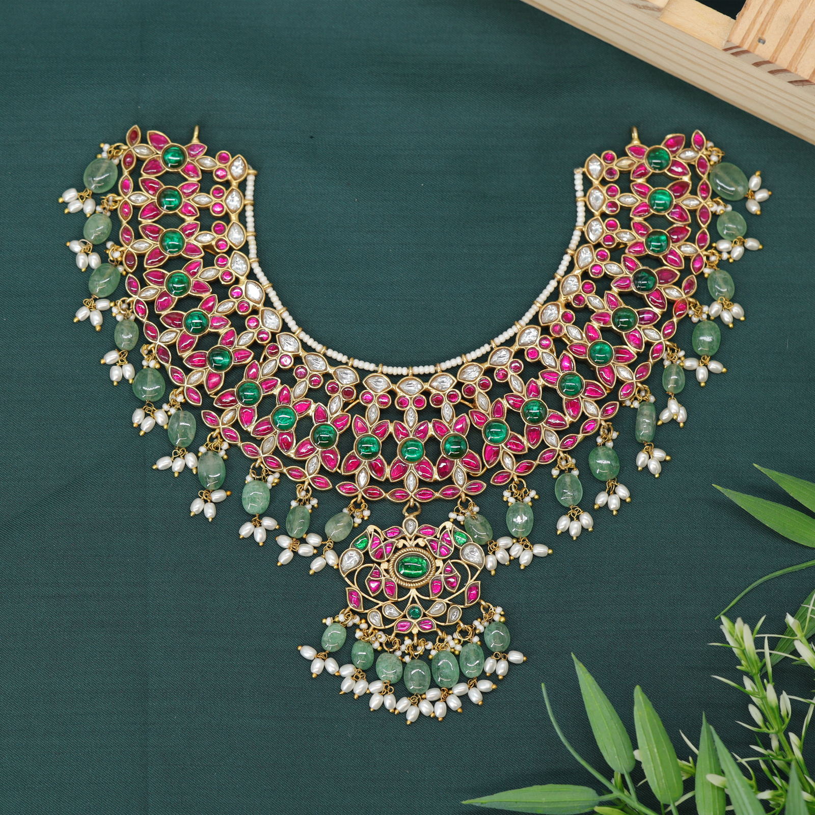 Heavy Floral Work Necklace with Structured Collar and Central Pendant