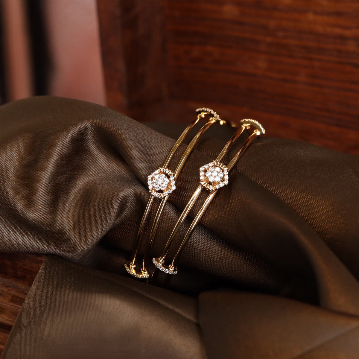 Dual Line Gold Finish Bangles with Central Floral Stone Cluster