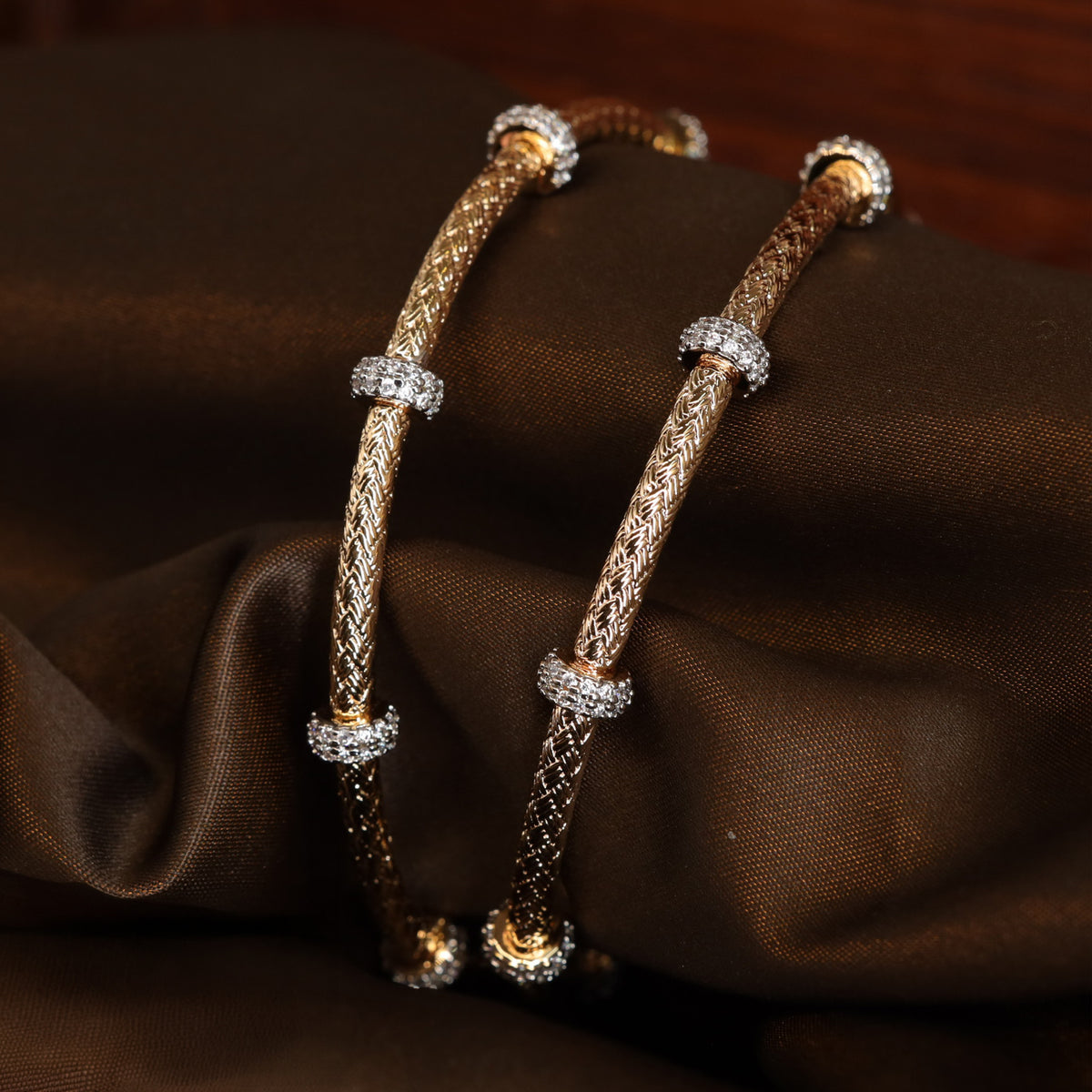 Textured Gold Finish Bangles with Sparkling Spacer Rings