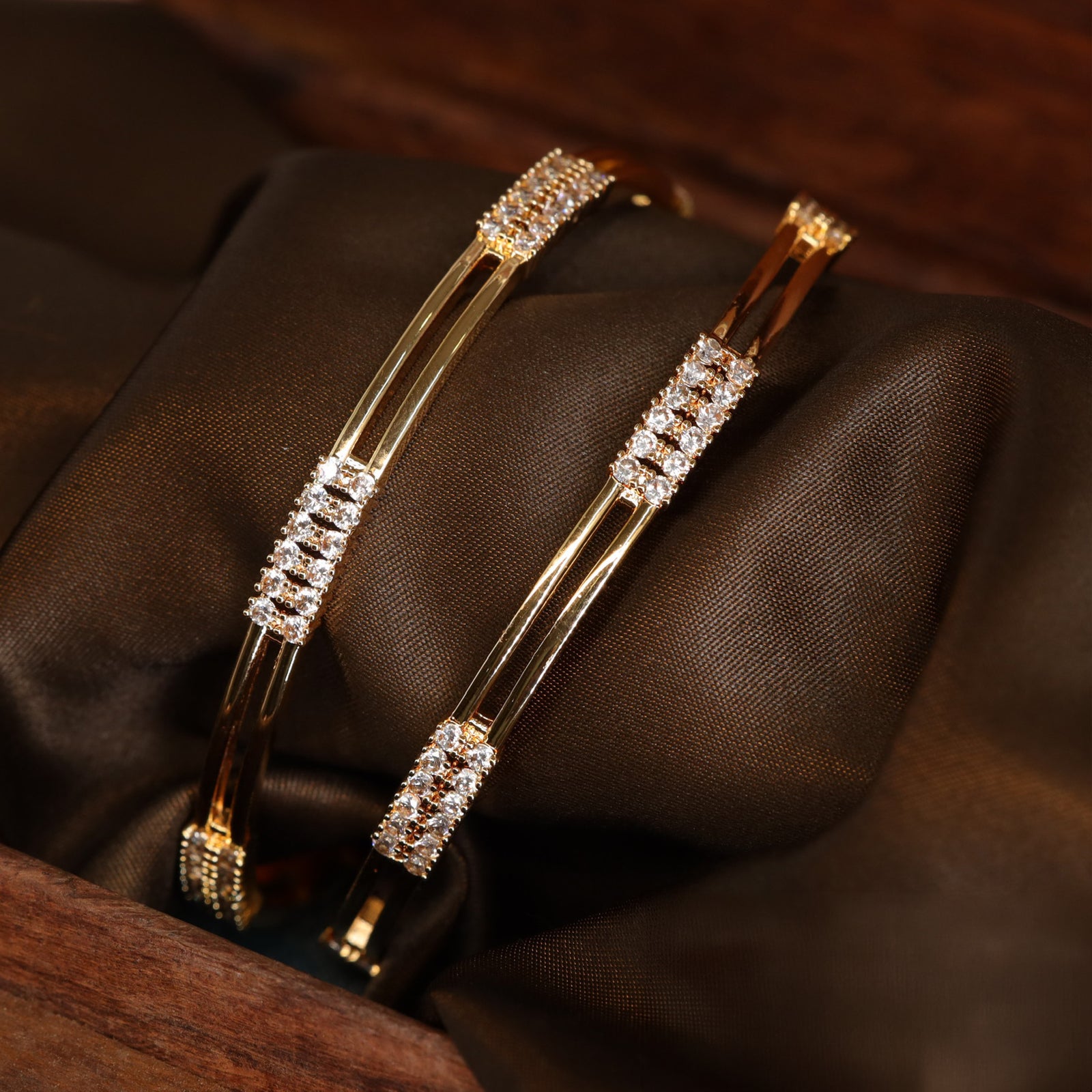 Structured Twin Line Bangles with Center Stone Clusters