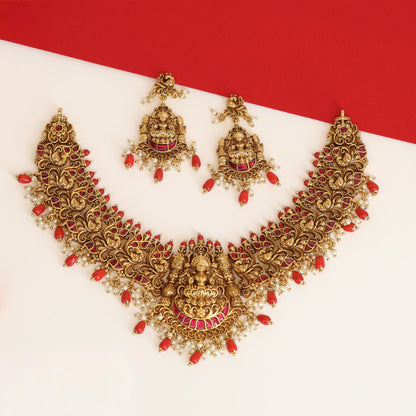 Classic Ethnic Necklace with Lakshmi Idol and Decorative Drop Edges