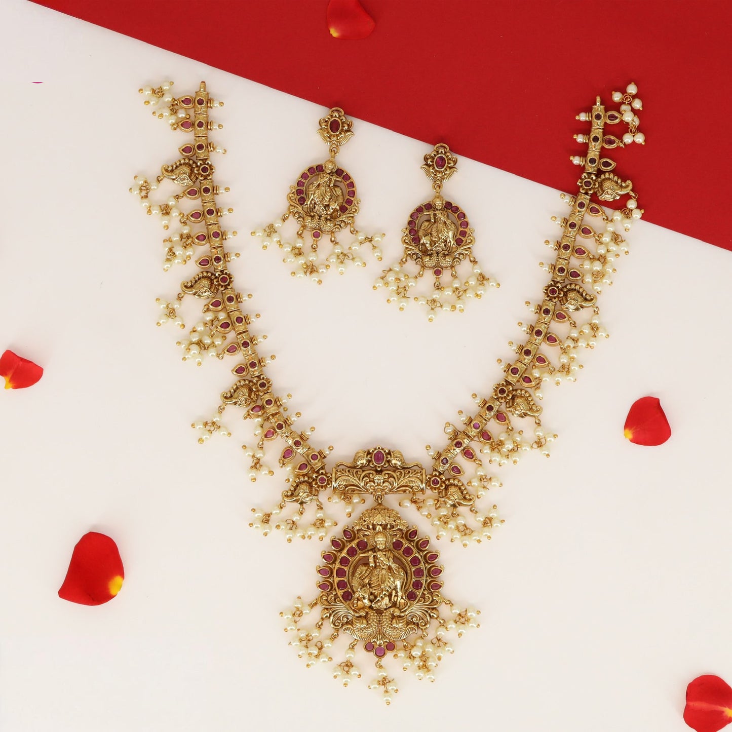 Lakshmi Panel Necklace with Linked Bar Sections and Pearl Drop Fringe