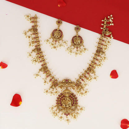 Lakshmi Panel Necklace with Linked Bar Sections and Pearl Drop Fringe