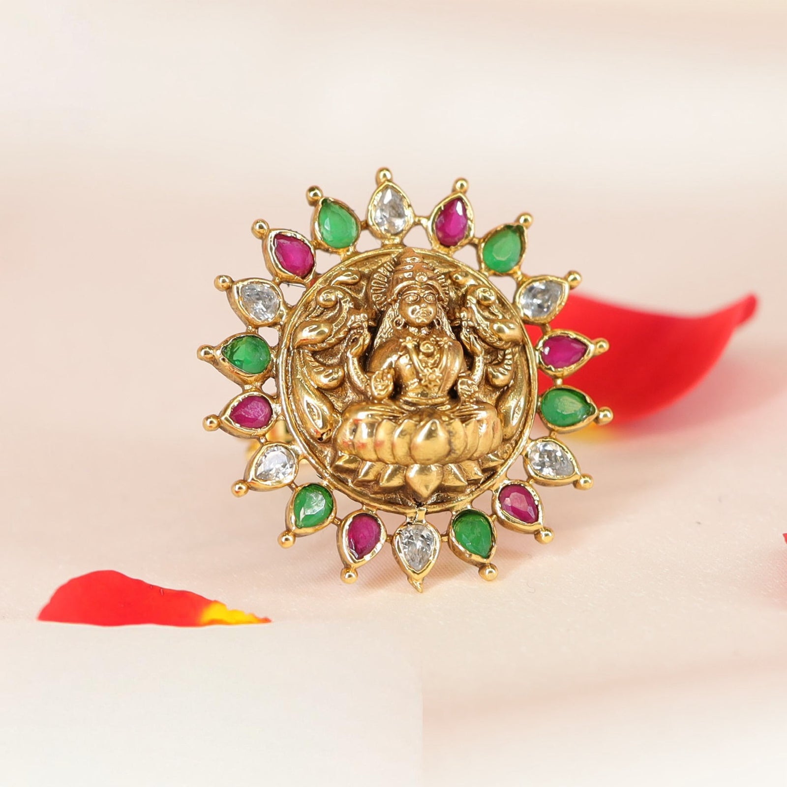 Traditional Lakshmi Idol Ring with Sunburst Style Surround and Fine Detailing