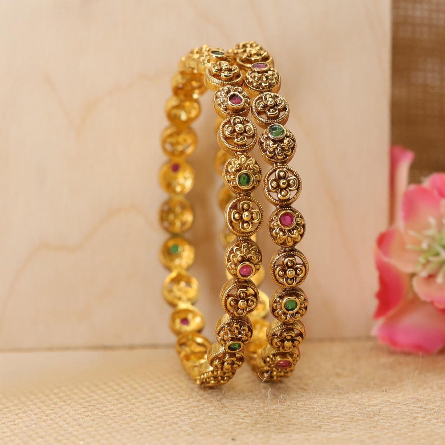 Radiant Circular Medallion Bangles with Intricate Floral Relief Detailing
