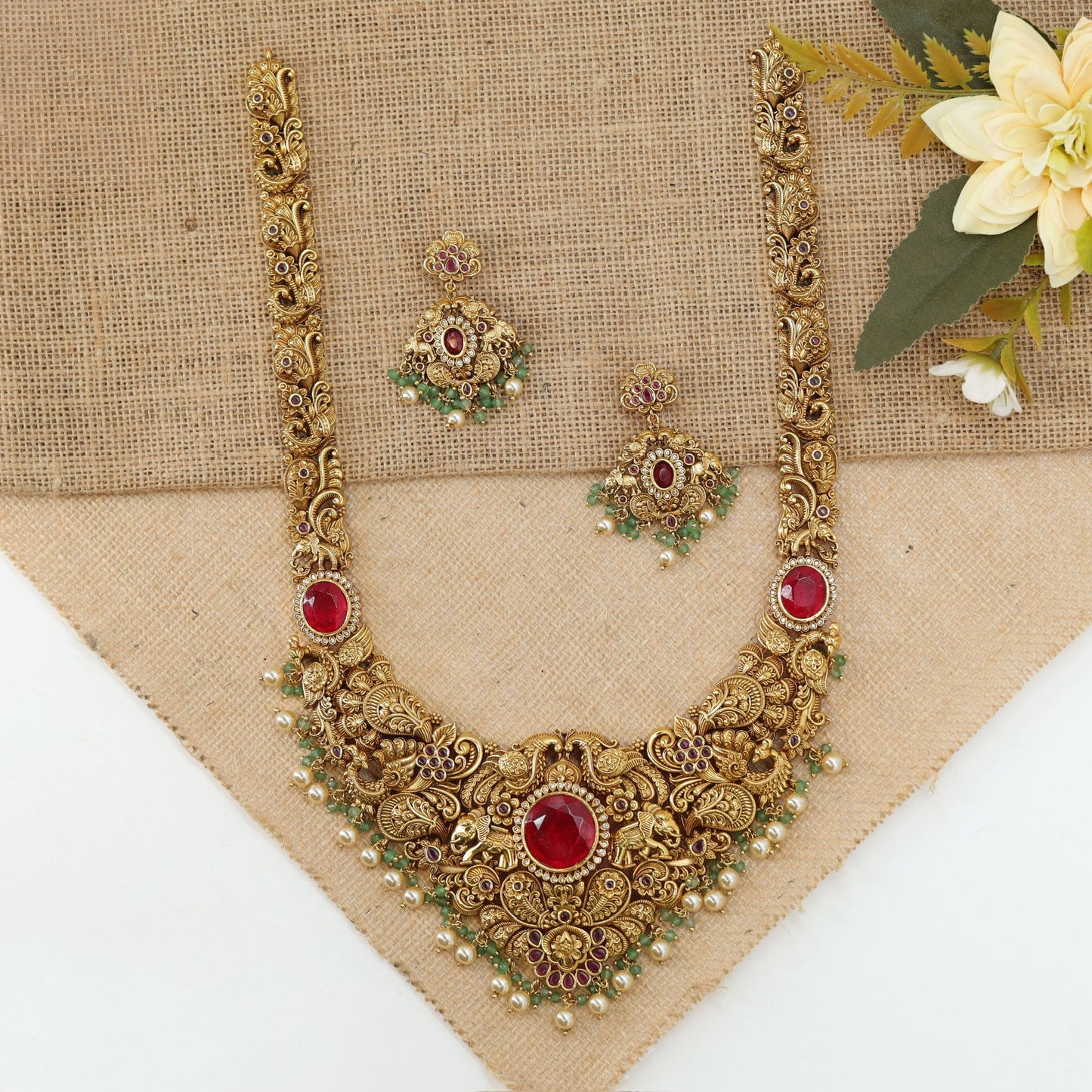 Peacock Motif Long Haara with Central Medallion and Drop Fringe