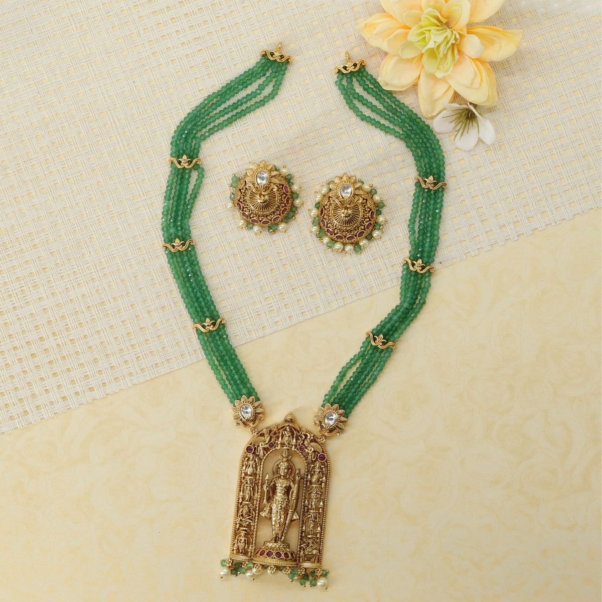 Antique Green Beads Long Haara with Temple Pendant