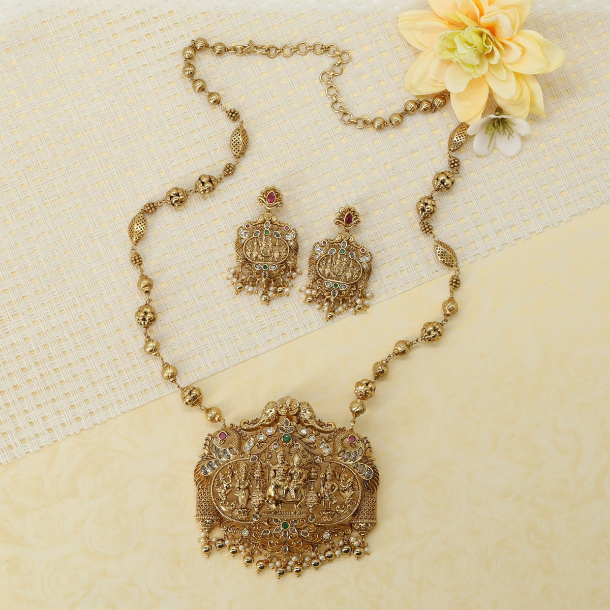 Antique Shiva Parvathi Chain with Intricate Temple Pendant