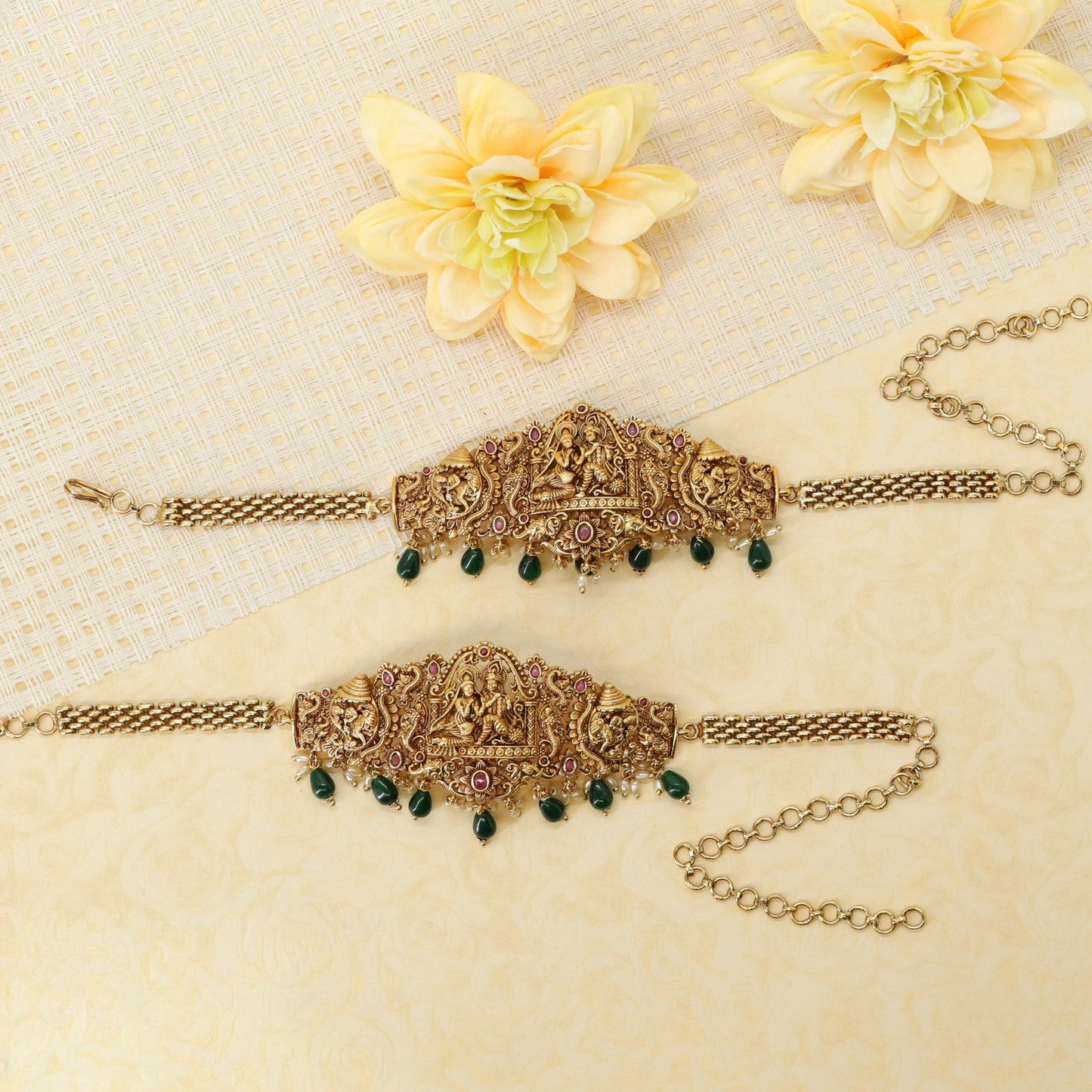 Radha Krishna Shrine Bajuband with Temple Arch Panel and Drop Fringe