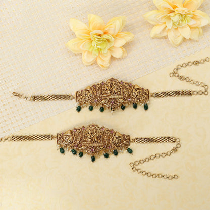 Radha Krishna Shrine Bajuband with Temple Arch Panel and Drop Fringe