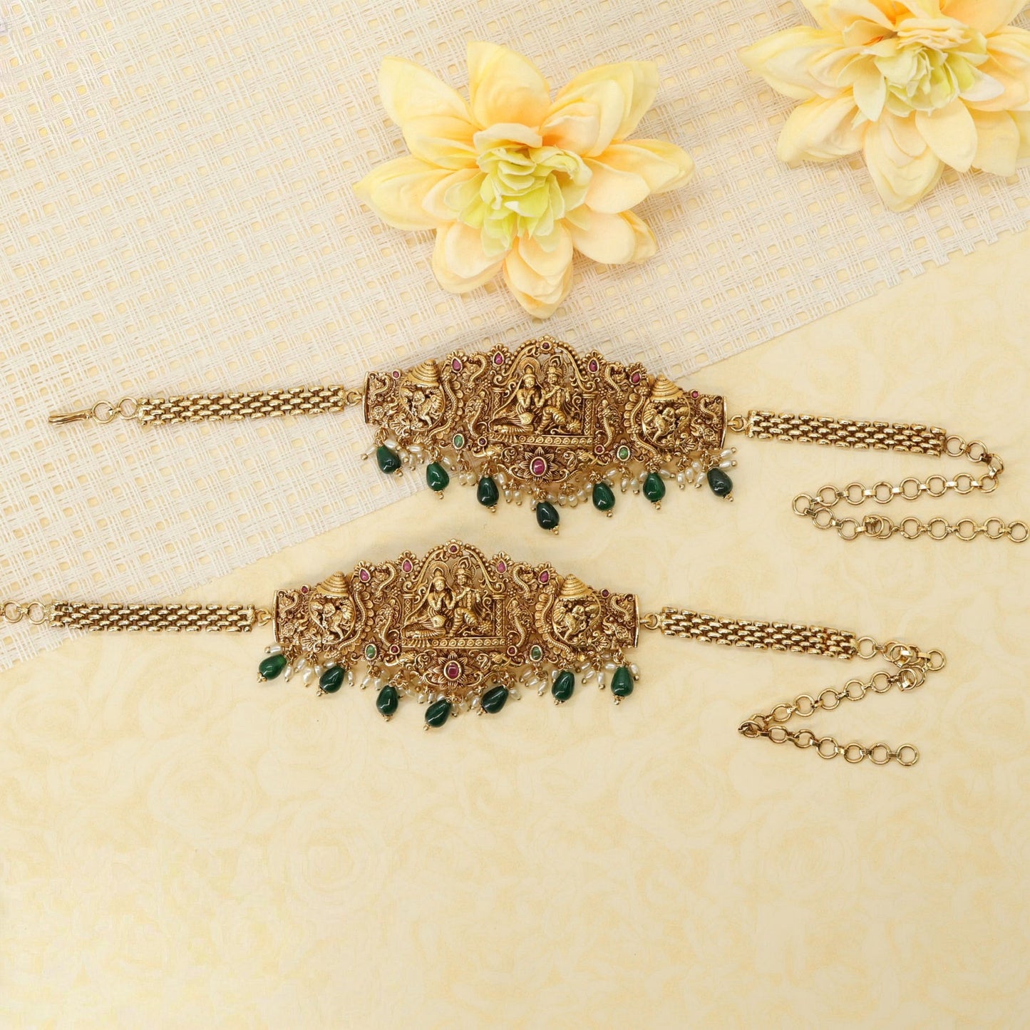 Radha Krishna Shrine Bajuband with Temple Arch Panel and Drop Fringe