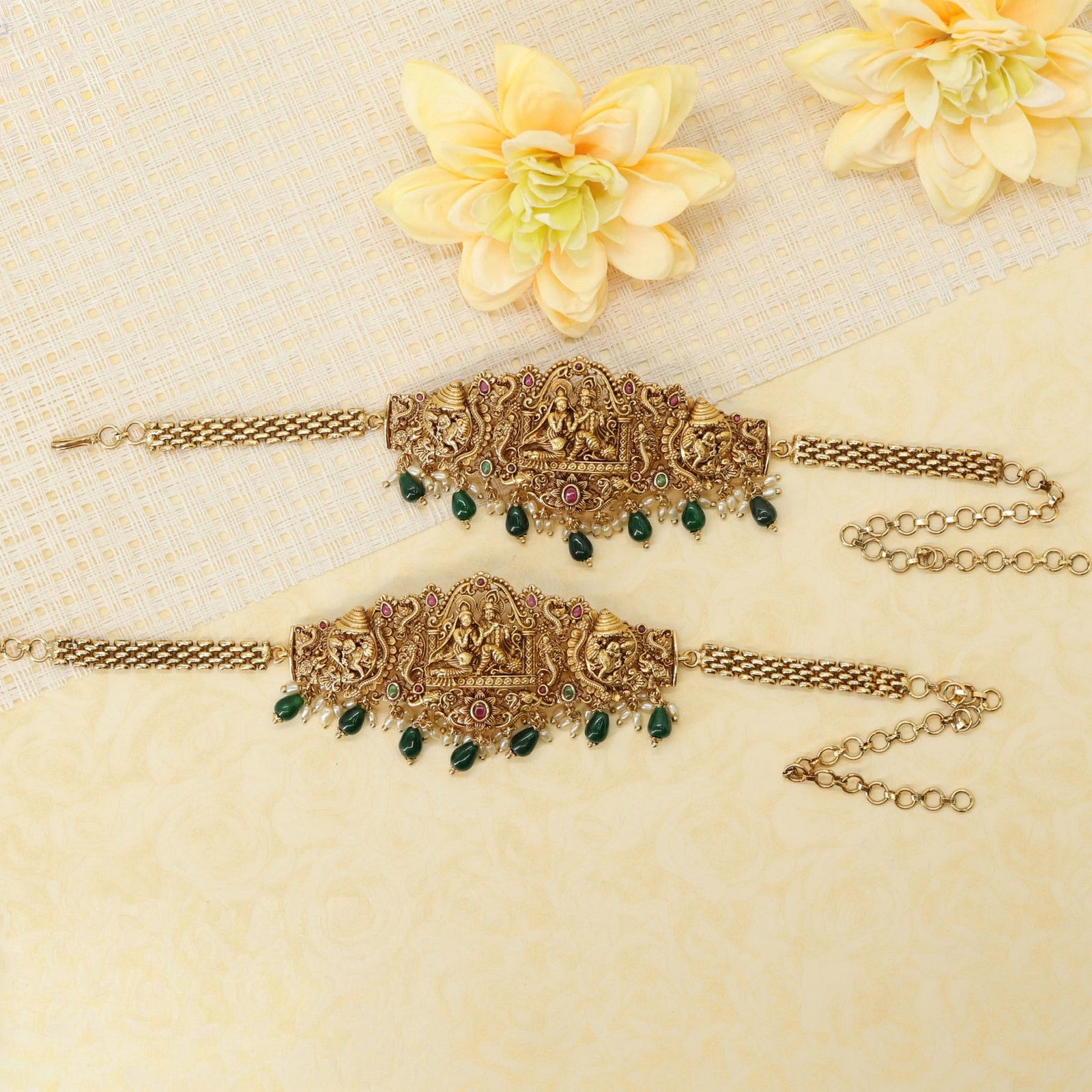 Radha Krishna Shrine Bajuband with Temple Arch Panel and Drop Fringe
