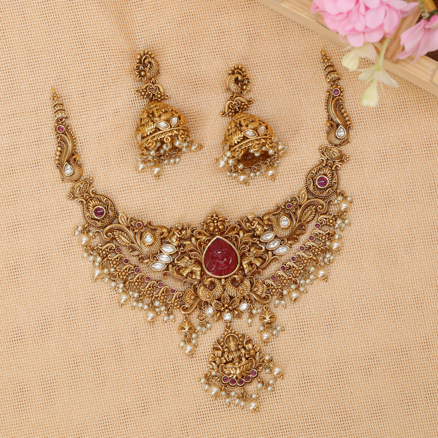 Ornate Temple Necklace with Central Pendant and Pearl Drop Fringe