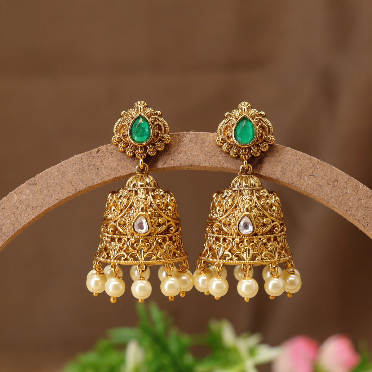 Antique Jumkas with Ornate Floral Studs and Pearl Drops