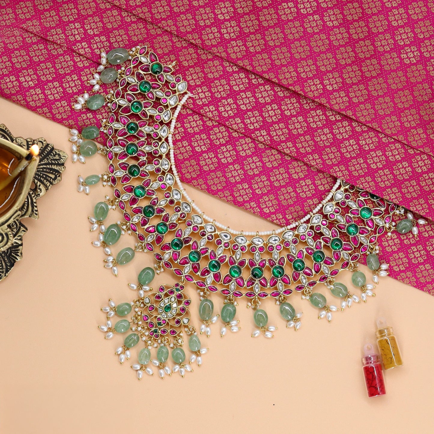 Wide collar necklace with compact floral pattern and dangling beads