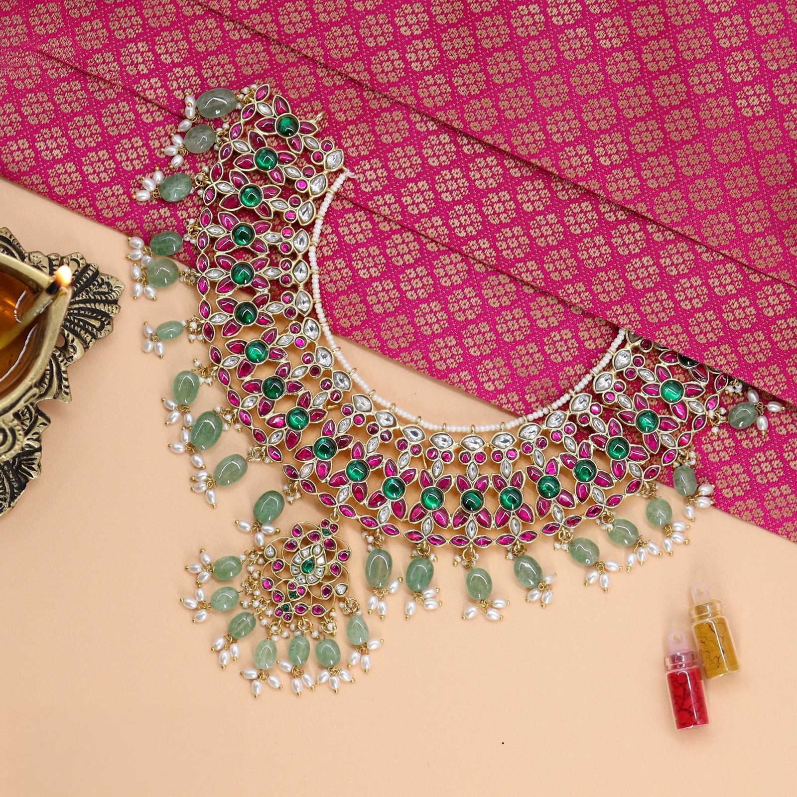 Wide collar necklace with compact floral pattern and dangling beads