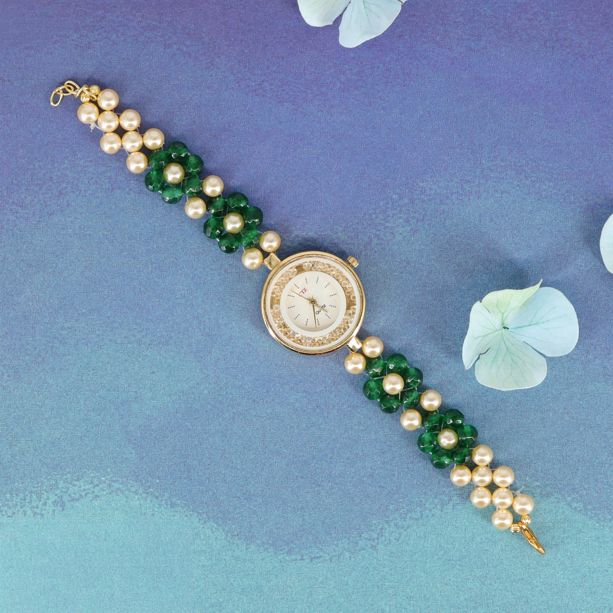 Fashion-forward beaded watch with sculpted bead clusters and refined detailing