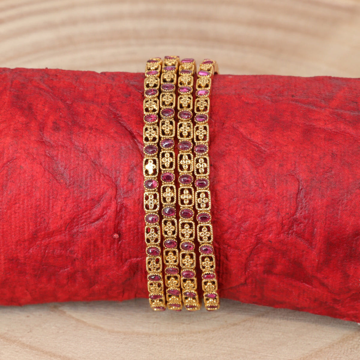 Rectangular Panel Antique Bangles with Floral Details