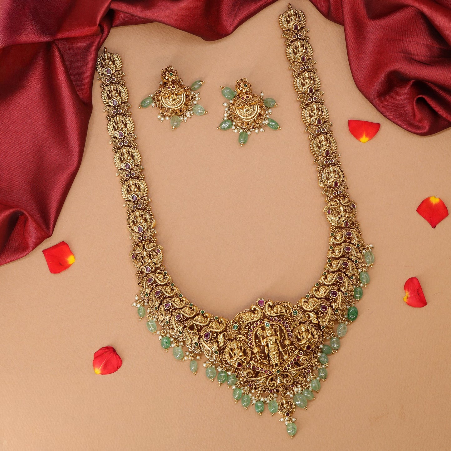 Radiant Lakshmi Vishu Temple Long Haara with Intricate Central Goddess Panel and Ornate Detailing