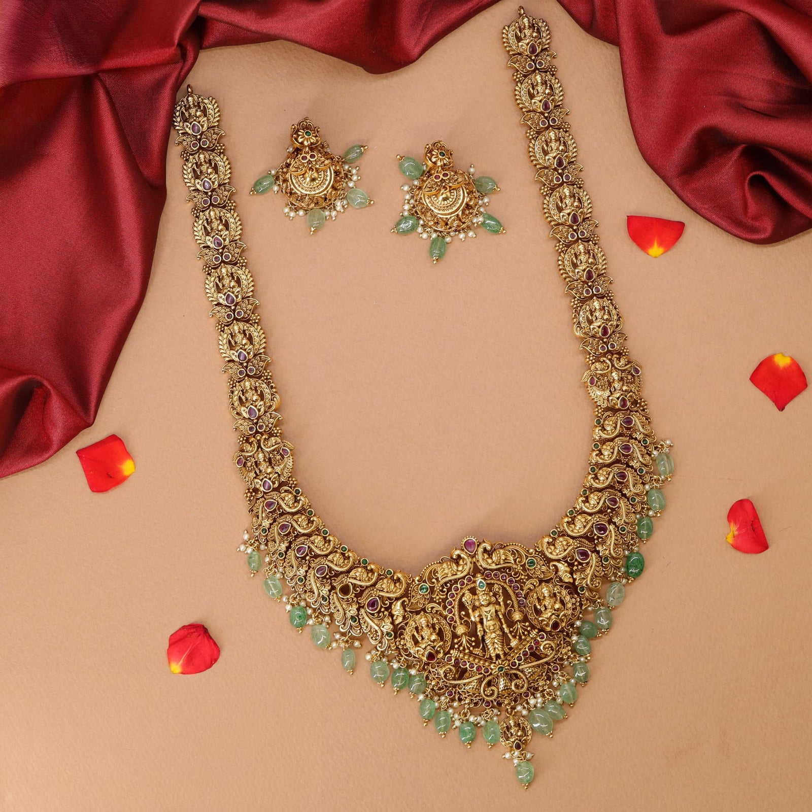 Radiant Lakshmi Vishu Temple Long Haara with Intricate Central Goddess Panel and Ornate Detailing