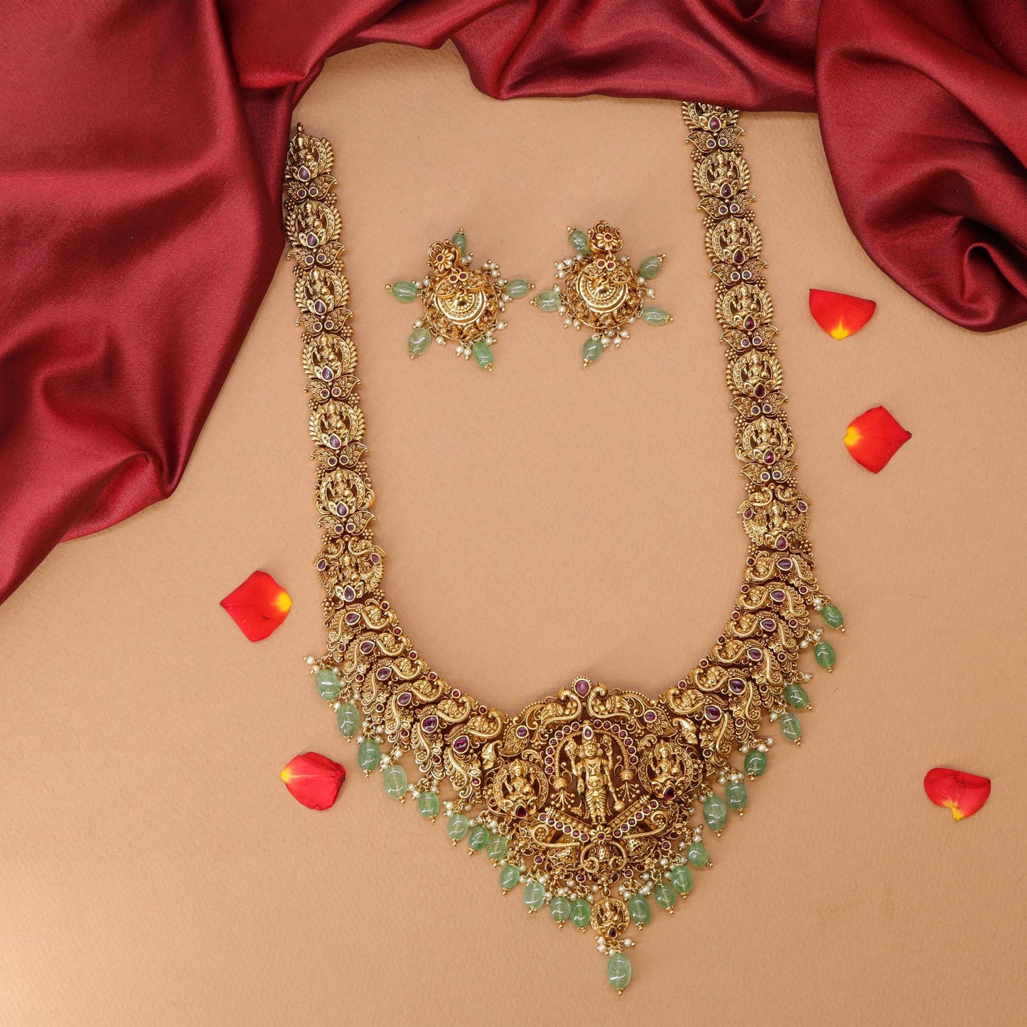 Radiant Lakshmi Vishu Temple Long Haara with Intricate Central Goddess Panel and Ornate Detailing
