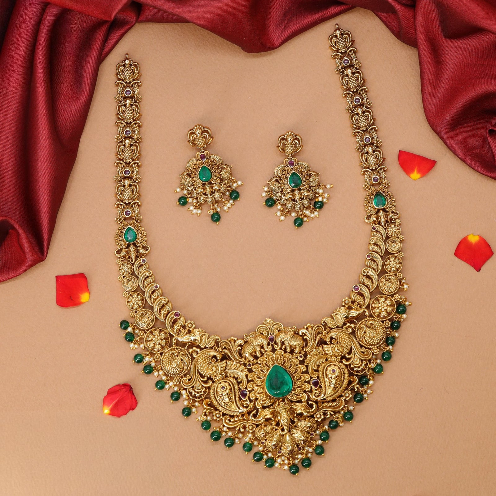 Refined Traditional Long Necklace with Intricate Relief and Beaded Accents