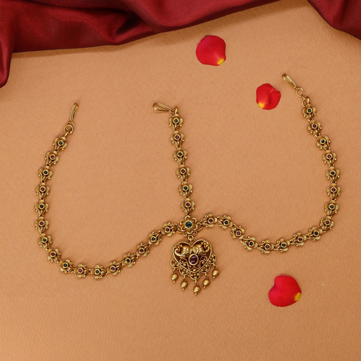 Ornamental Link Headset with Sculpted Center Pendant and Hanging Accents