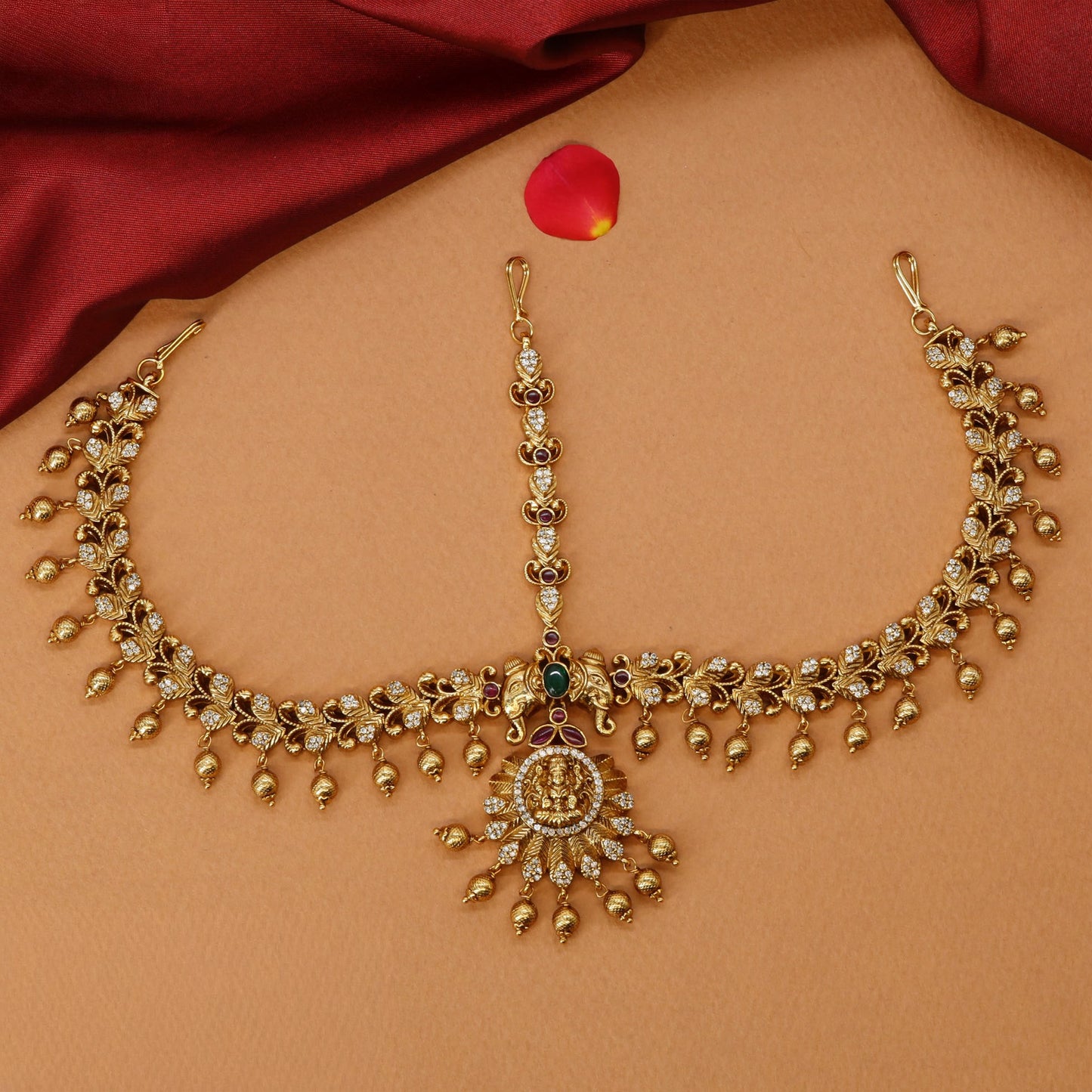 Sacred Lakshmi Carved Headset with Central Pendant and Dense Hanging Fringe