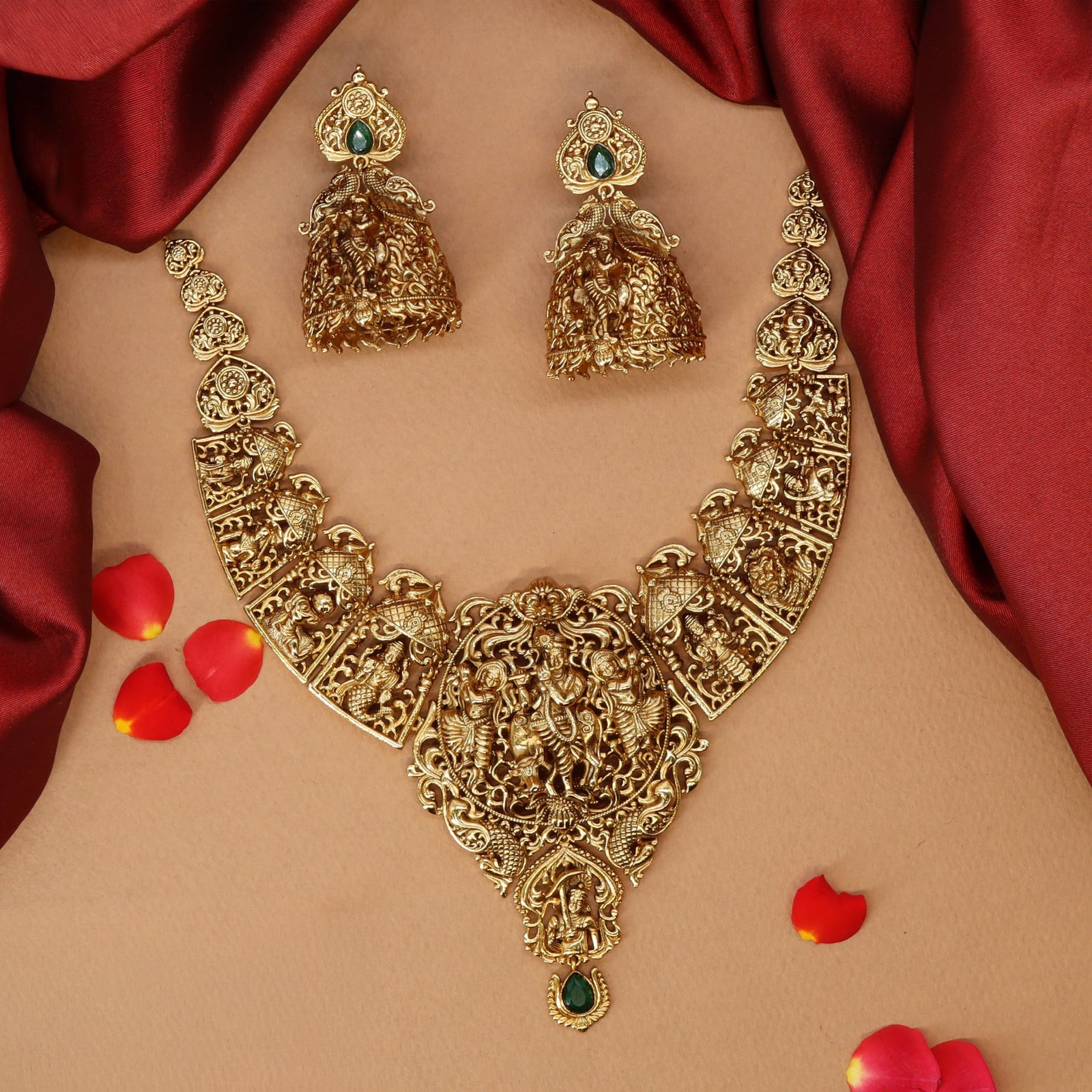 Divine Krishna Scene Necklace with Detailed Link Panels and Statement Centerpiece