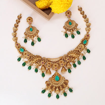 Floral Panel Necklace with Central Medallion Pendant and Drop Fringe