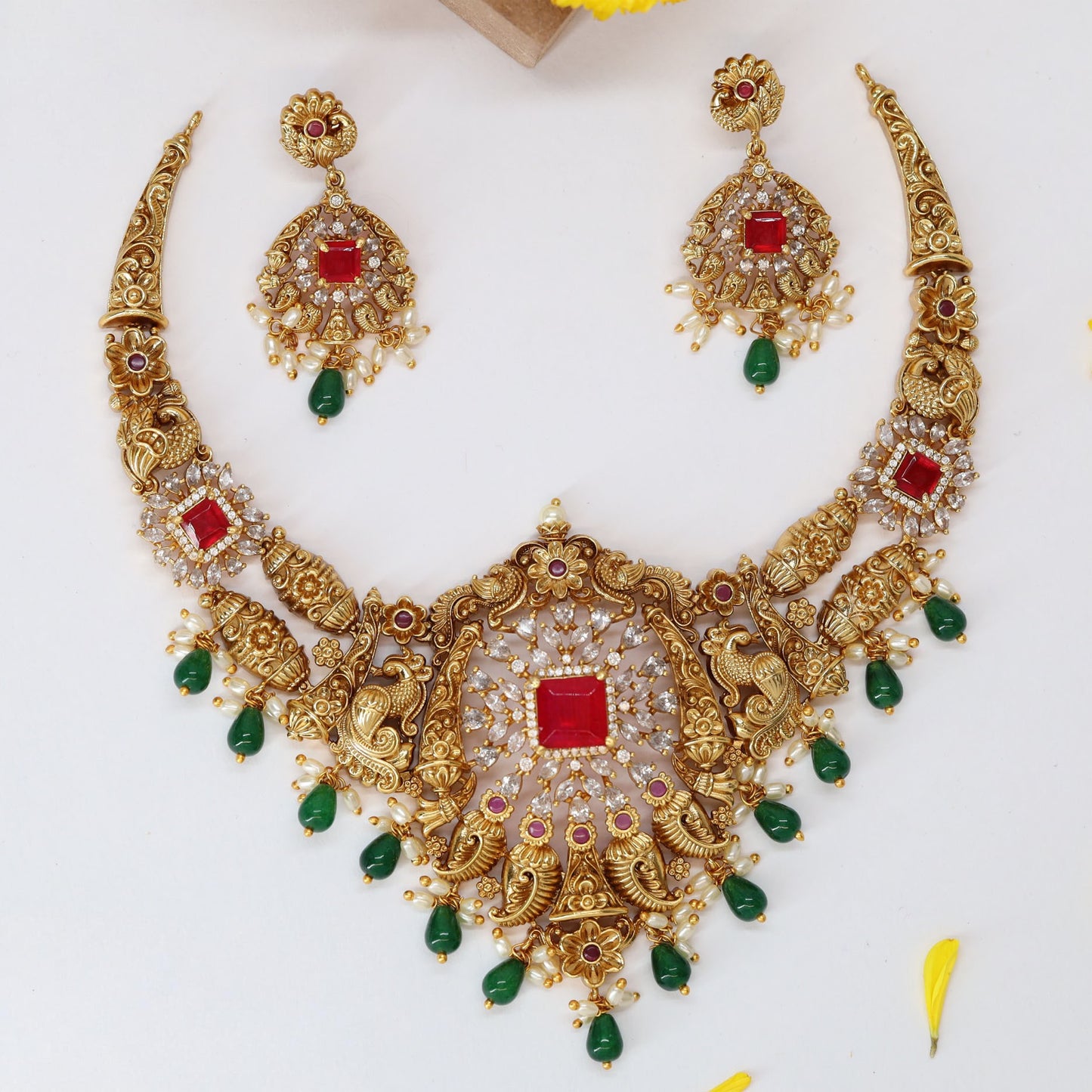 Grand Peacock Flanked Necklace with Square Center Pendant and Drop Hangings
