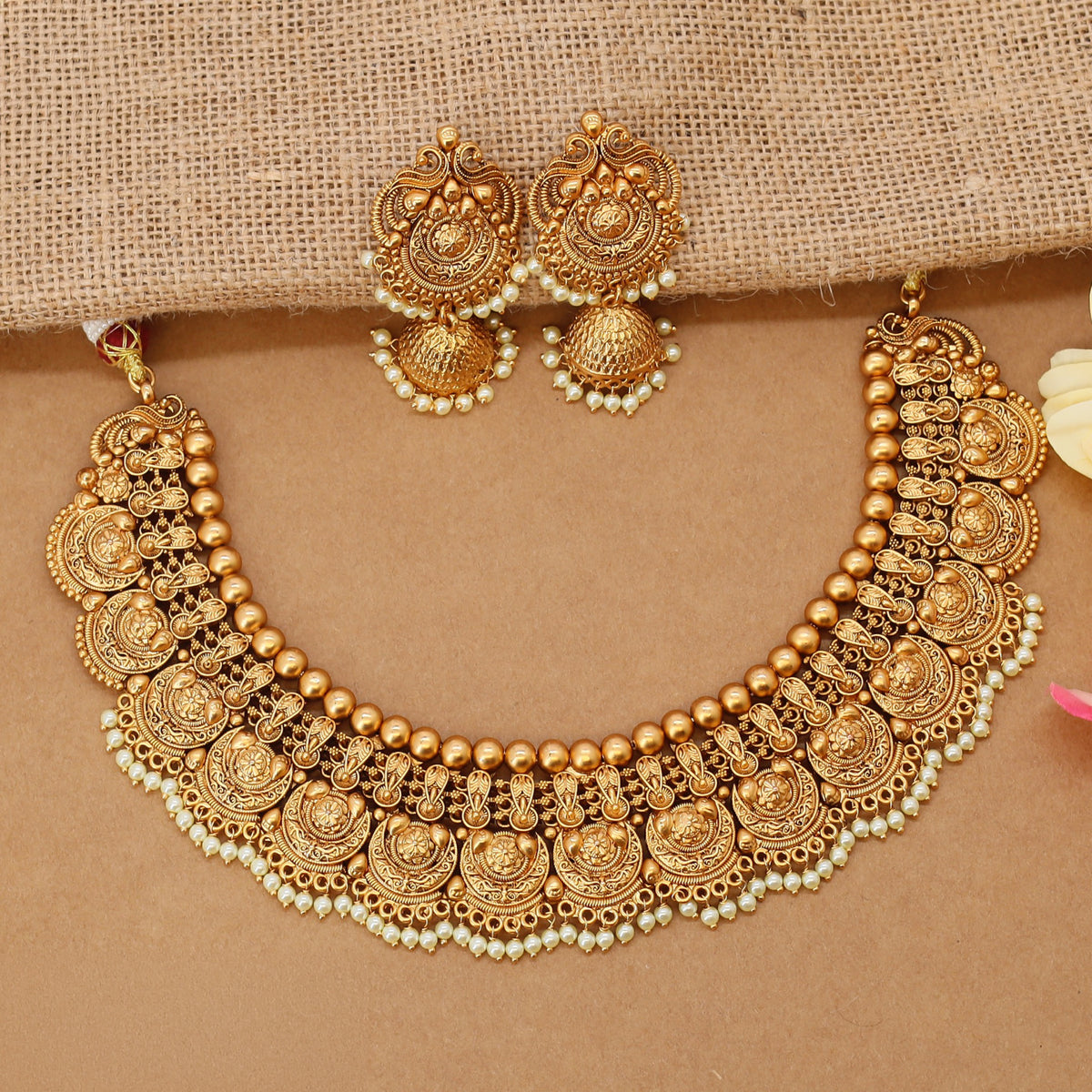 Traditional Lakshmi Coin Necklace With Pearl Fringe