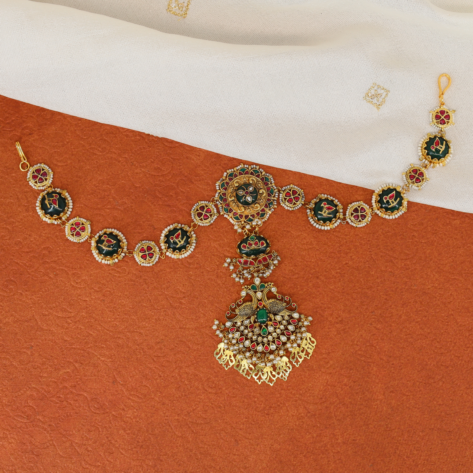 Detailed Circular Link Jadau Shishpul with Peacock Motif and Hanging Fringe