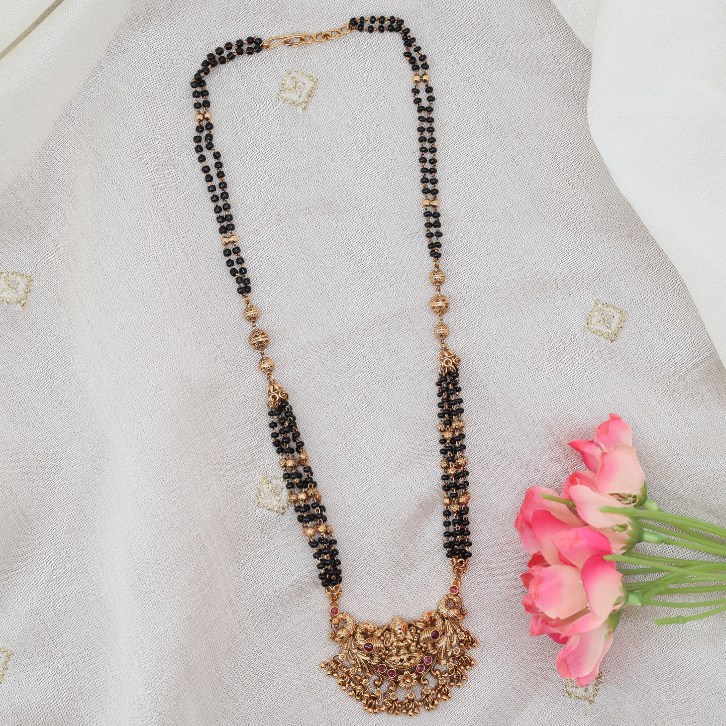 Black Bead Mangalsutra with Structured Side Bars and Lakshmi Pendant