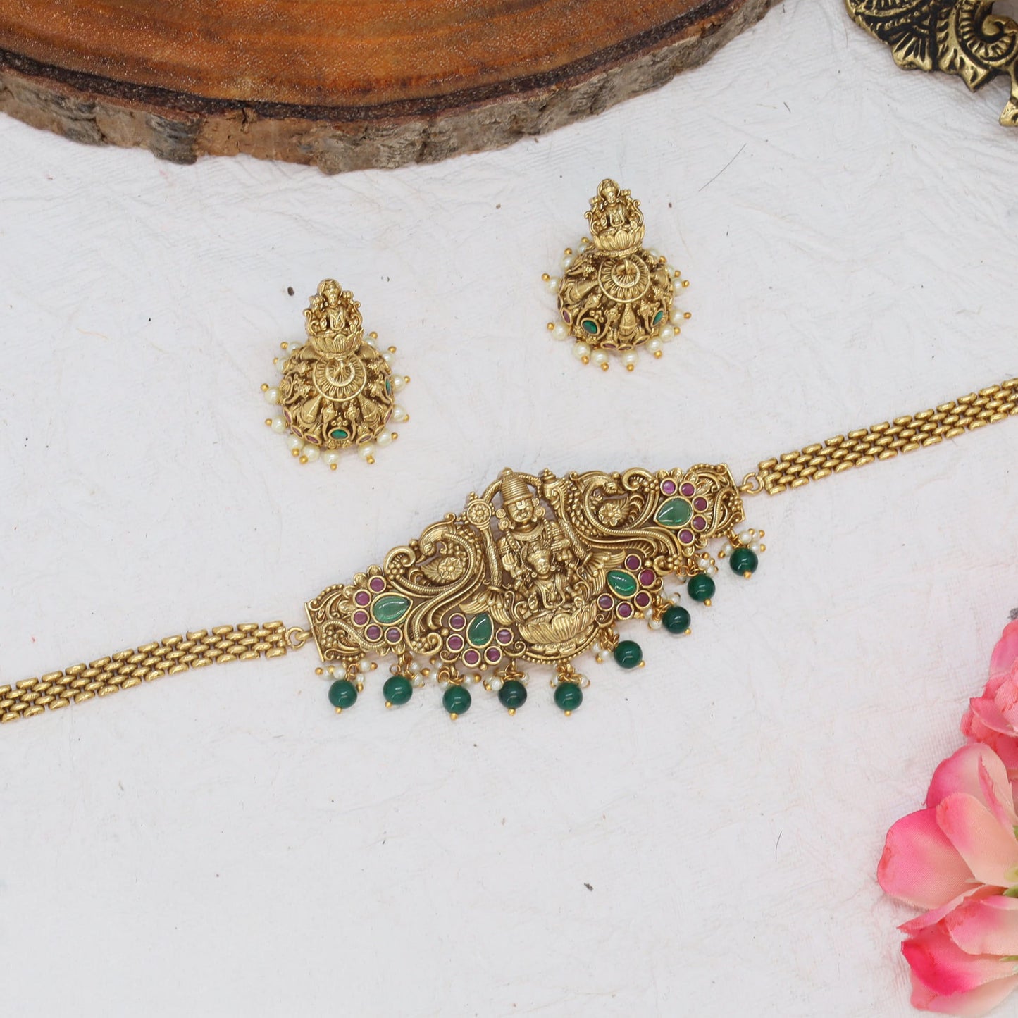 Divine Lakshmi Venkateshwara Choker with Detailed Panel and Beaded Fringe