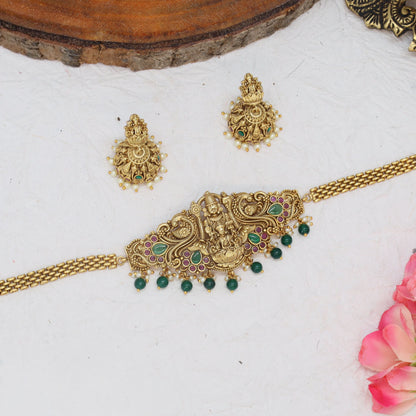 Divine Lakshmi Venkateshwara Choker with Detailed Panel and Beaded Fringe