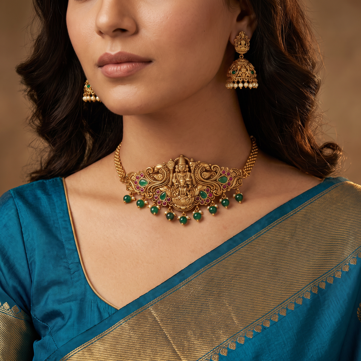 Divine Lakshmi Venkateshwara Choker with Detailed Panel and Beaded Fringe