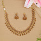 Floral link necklace with repeating round panels and small drop hangings