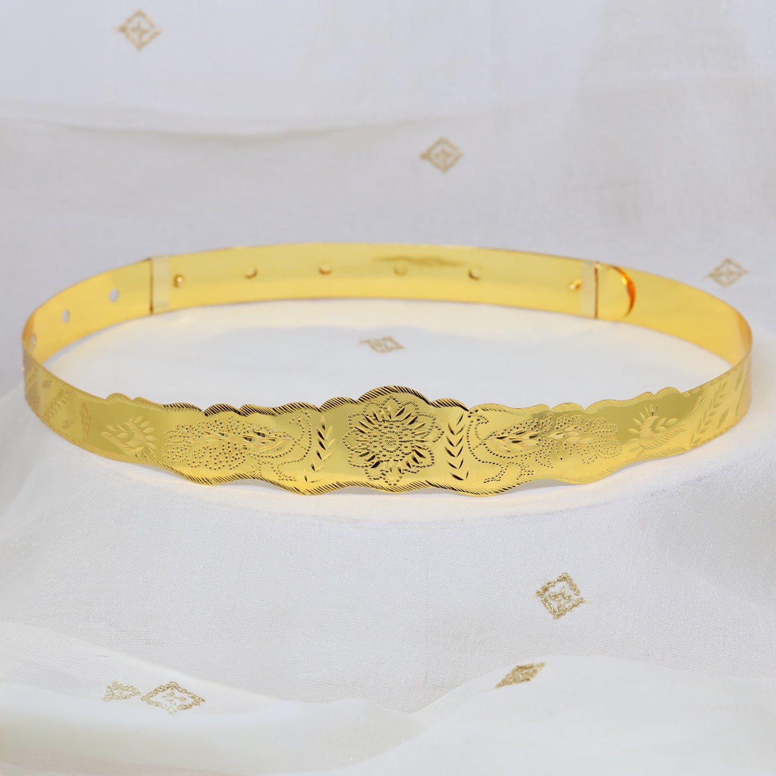 Classic Gold Dabu Waist Belt with Symmetrical Peacock Engraving and Broad Center
