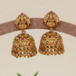 Antique Lakshmi Jumka with Sculpted Stud Top and Dome Base with Bead Drop Fringe
