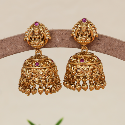 Antique Lakshmi Jumka with Sculpted Stud Top and Dome Base with Bead Drop Fringe