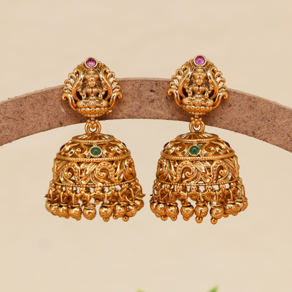 Antique Lakshmi Jumka with Sculpted Stud Top and Dome Base with Bead Drop Fringe