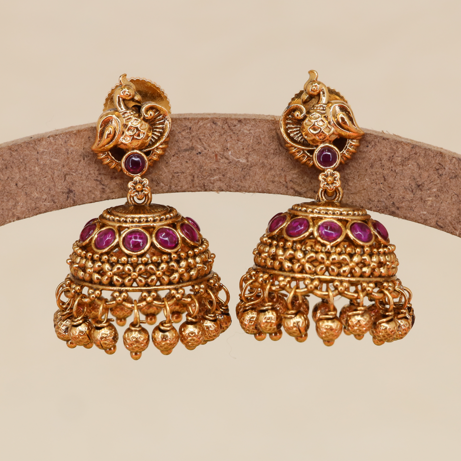 Antique Peacock Jumka with Sculpted Bird Stud and Dome Base with Bead Drop Fringe