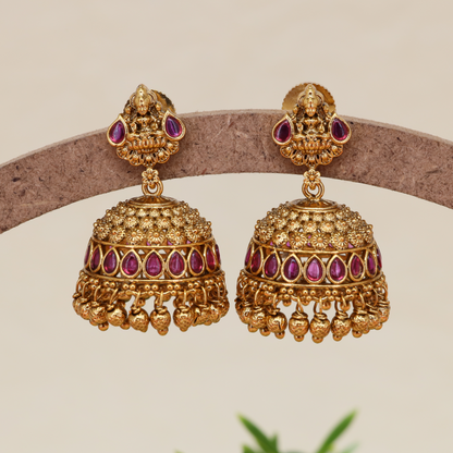 Bloom Crest Lakshmi Jumka with Detailed Top and Hanging Drop Clusters