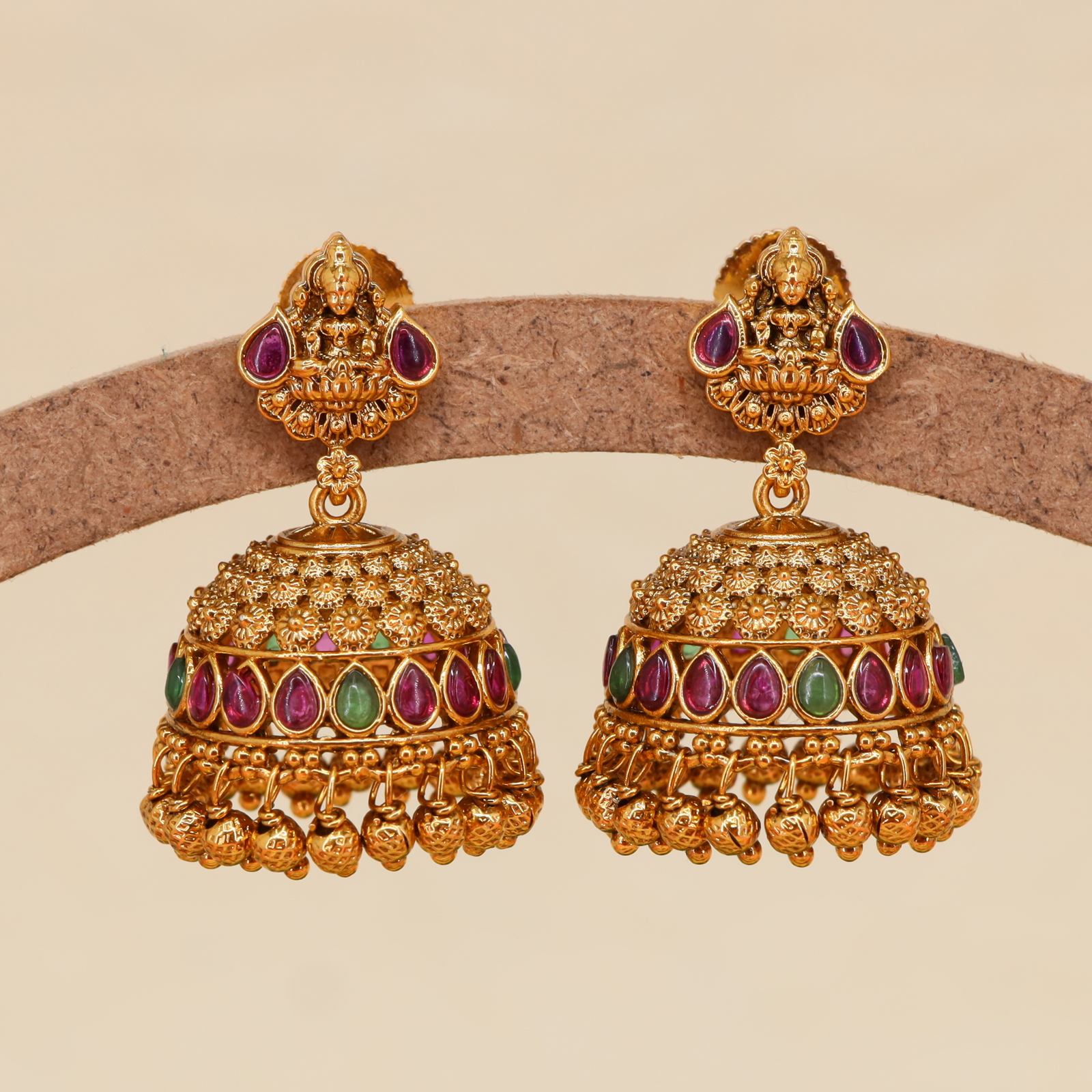 Bloom Crest Lakshmi Jumka with Detailed Top and Hanging Drop Clusters