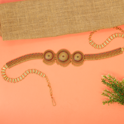 Sunburst Disc Waist Belt with Three Medallions and Hanging Link Borders