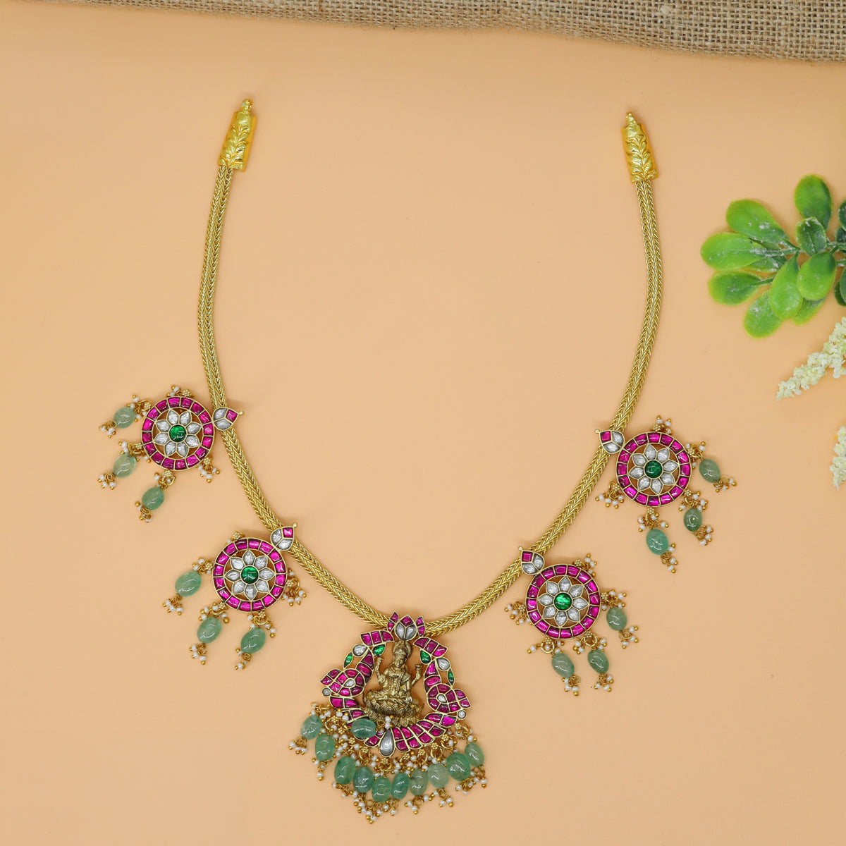 Jadau Necklace With Lakshmi Pendant And Floral Details