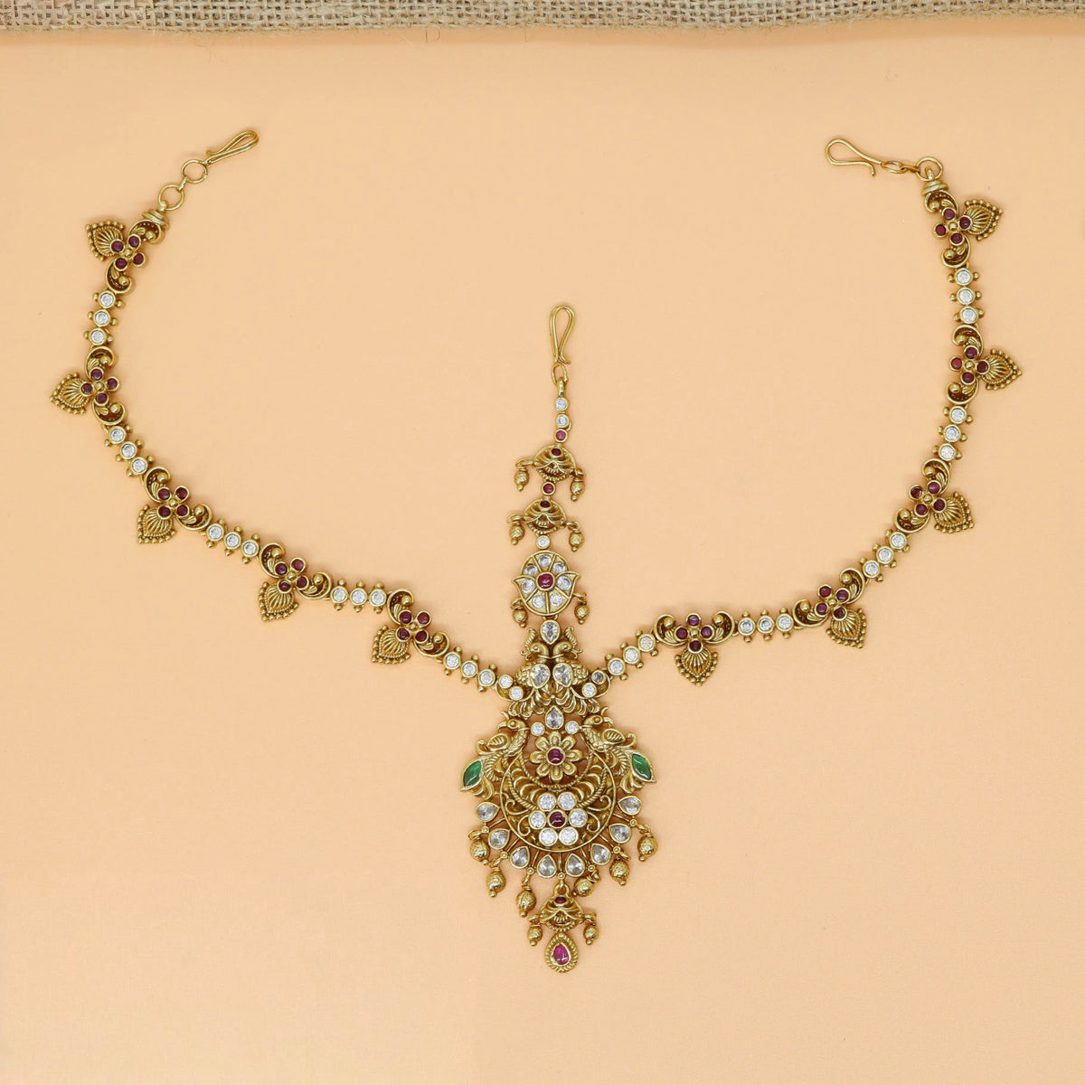 Leaf Accent Headset with Beaded Chain and Drop Pendant Fringe